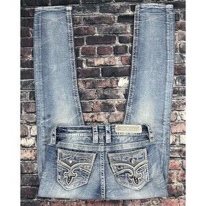 Rock Revival Yui Women's Mid Rise Straight Leg Blue Jeans Size 27x32 Acid Wash